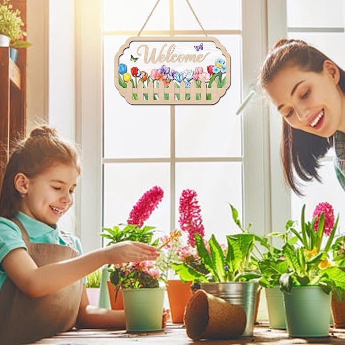 HOURIA 3D Spring Welcome Front Door Sign (11.4”x7”),Floral Butterfly Garden Sign,Colorful Tulip Flower Wreath Sign,Spring Decorations for Home Office Indoor Outdoor
