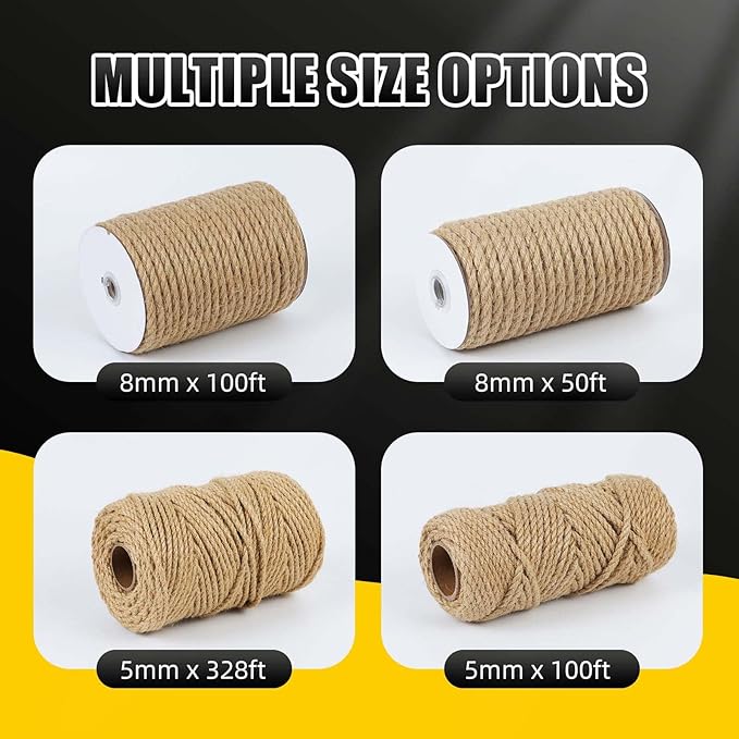 Natural Jute Twine, 8MM x 50FT Jute Rope Roll, Heavy Duty Thick Twine for Cat Scratching Post, Bundling, Gardening and DIY Crafts