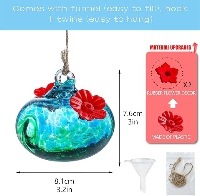 3inch Blown Glass Hummingbird Feeders for Outdoors Small Glass Hummingbird Feeders to Attract Hummingbirds Ant and Bee Resistant Round Feeder Unique Gifts for Woman - 2 Feeding Ports