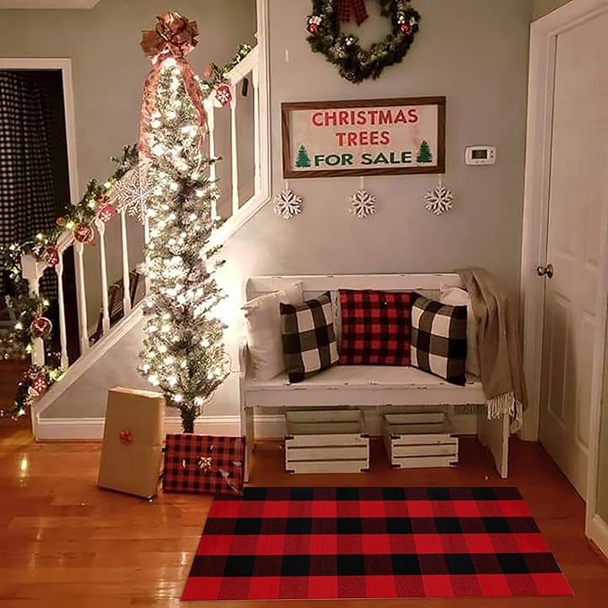 Christmas Door Mat Outdoor 24"x51"Buffalo Plaid Christmas Decor Rug Cotton Hand-Woven Layered Door Mats Washable Carpet for Front Porch, Kitchen, Farmhouse, Entryway