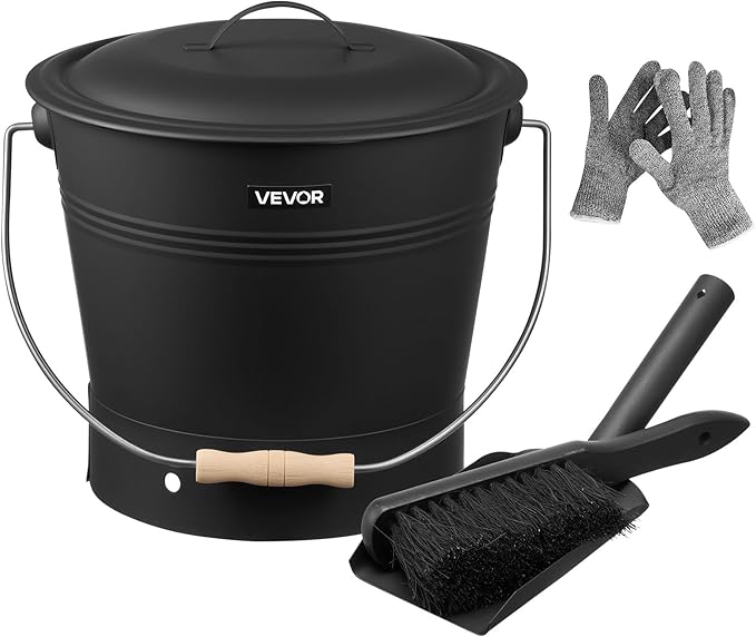 VEVOR Ash Bucket, 4 PCS with Lid, Shovel, Broom and Gloves, Metal Fireplace Charcoal Bucket and Ash Can, 2.6 GAL Large Capacity for Fireplace, Fire Pits, Wood Burning Stoves, Indoor and Outdoor