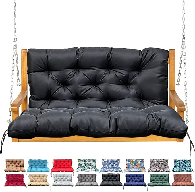 Porch Swing Cushion with Backrest,Waterproof Bench Cushion for Outdoor Furniture,2-3 Seater Replacement Thickened Swing Cushion with Ties,Patio,Outdoor,Backyard and Garden (Black,60x40)