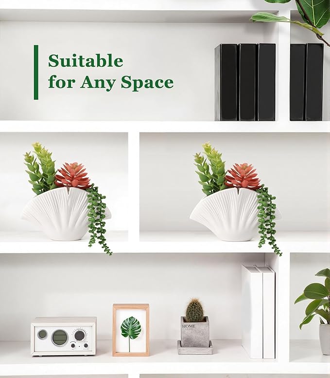 Lewondr Fake Plants, 2 PCS Artificial Plants with Sea Shell Pots, Assorted Fake Succulents in Coastal Beach Decor, Artificial Greenery Ocean Seashell Series for Home Office Bedroom Beach Theme Party