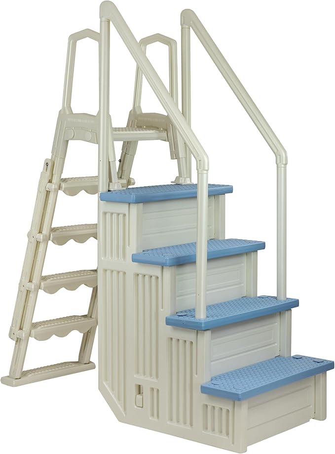 Aqua Select Anti-Slip in-Pool Safety Stairs with Outside Flip-Up Ladder | Pearl White w/Tranquil Blue Steps | for Above Ground Swimming Pools | Mounts to Decks 48" to 54" H | Capacity Up to 350 lbs