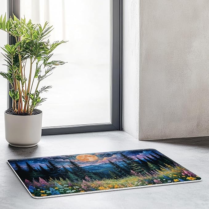 JINYO Watercolor Boho Moon Wildflower Door Mat, Cottagecore Forest Aesthetic Welcome Mat Doormat for Front Door Porch Indoor Outside Entrance Entryway, 17x30 Inch