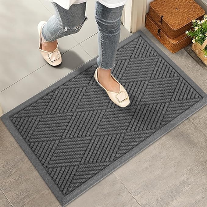 Sturdy Front Door Mat, Absorbent Muddy Dirt Resist Welcome Door Mats Outdoor Indoor, Stain and Fade Resistant, Non-Slip Rubber Backing Low Profile Doormat for Entryway, 30×17, Charcoal