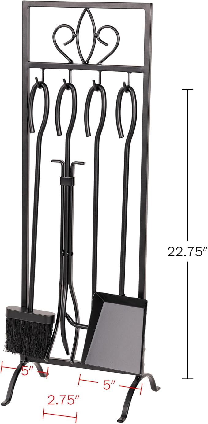 Lavish Home 5-Piece Fireplace Tools Set - Fire Tools for Fire Places, Fire Pits, and Woodstoves - Indoor/Outdoor Fireplace Accessories with Poker, Tongs, Brush, Shovel, and Stand (Black)