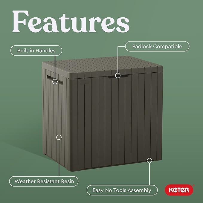 Keter City 30 Gallon Resin Outdoor Storage Box and Patio Furniture Side Table for Pool and Garden Accessories, Taupe
