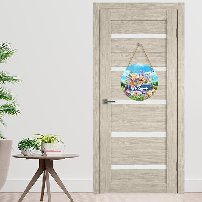 Spring Welcome Door Sign Flower Truck with Retriever Dog Door Hanger Summer Floral Butterfly Decorative Hanging Porch Signs for Wall Outdoor
