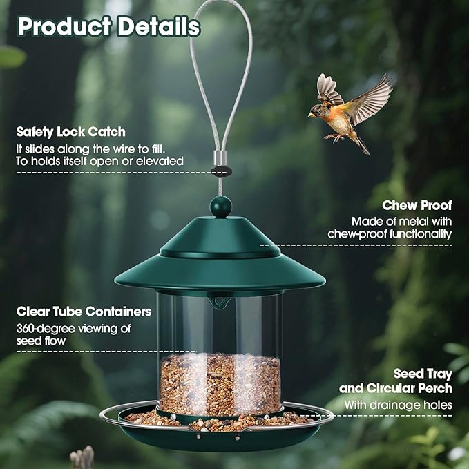Metal Roof Bird Feeder, Hanging Bird Feeders for Outdoors with 2LB Clear Tube Seed Capacity for Viewing Cardinal Finch, 360° Feeding Small Wild BirdFeeders for Outside Garden Yard Decoration