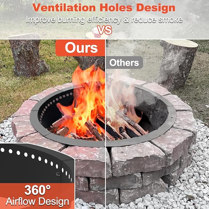 Koutemie Outdoor Smokeless Fire Pit Ring Liner 32-Inch Outer/28-Inch Inner Diameter, Heavy Duty Solid Metal Steel Round Firepit Rim Insert for Outside DIY Campfire Ring Above or In-Ground, Black