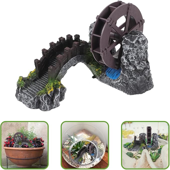 Yardwe Windmill Water Wheel Oxygen Pump 7.08X5.90X4.72In Mini Aquarium Decoration Resin Fish Tank Bridge Ornament for Indoor Outdoor Garden Pond