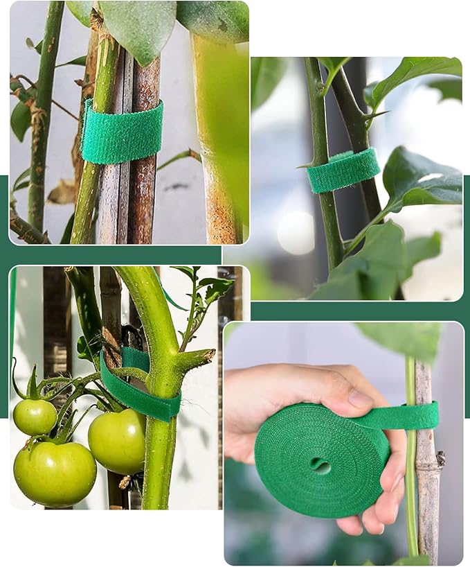 98.4 Ft Plant Ties Garden Tape, Reusable Adjustable Plant Clips for Climbing Plants, Green Nylon Self Adhesive Plant Twist Tie Strap to Support Gardening Plants