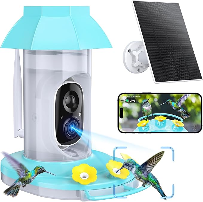 Hummingbird Feeder with Camera, Solar Bird Feeders Camera for Outdoors Hanging, AI Identify, Ant Moat & Bee Proof, Easy Clean & Refill, Gift for Bird Lovers