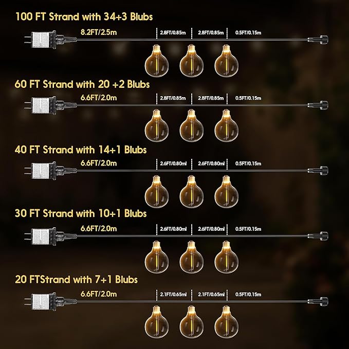 Outdoor String Lights 30ft LED Hanging Globe Patio Lights with G40 Shatterproof Bulbs(10+1 Bulbs), Waterproof Connectable Hanging Light for Indoor Outdoor Decor Garden Camping Backyard Porch