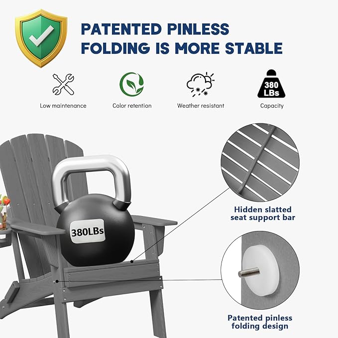 Plawdlik Folding Adirondack Chair, SGS Tested, Wooden Textured with Cup Holder, Heavy All-Weather HDPE Comfortable Set Poolside Backyard Lawn Grey