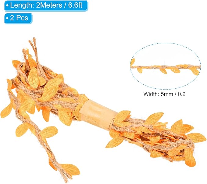 PATIKIL 6.6ft 5mm Burlap Leaf Ribbon, 2 Pack Braided Decoration Vine Natural Jute Rope Twine with Artificial Leaves for Jungle Wedding Party Home Garden Decor, Orange