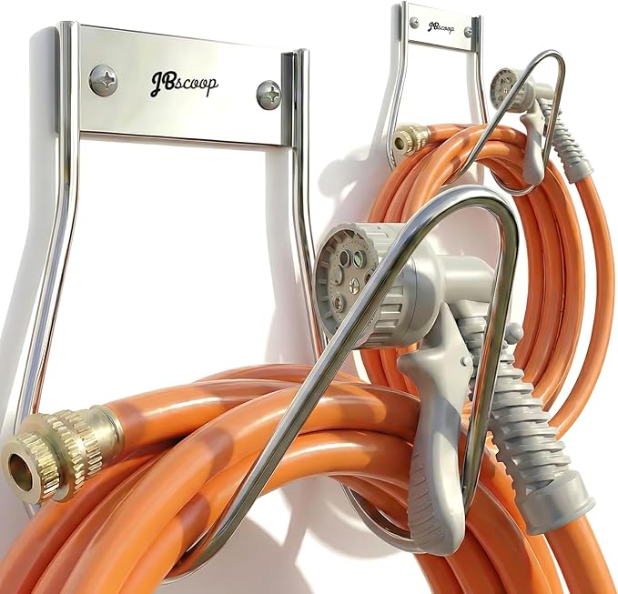 JBscoop Garden Hose Holder Stainless Steel Small Wall Mount Garden Hose Hook, Ideal for Water, Air, Hydraulic Hose, Ropes, Extension Cords Heavy Duty & Rust Proof Set of 2