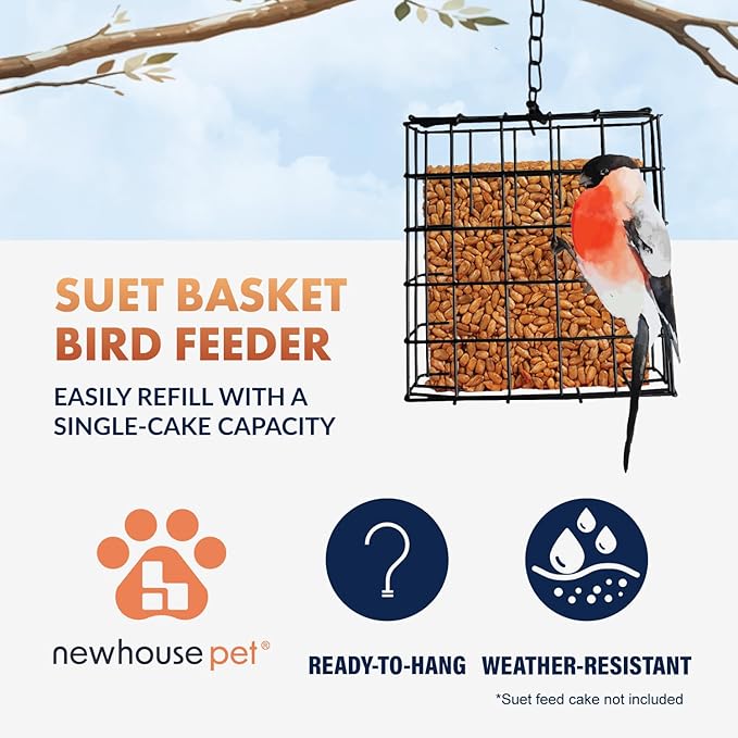 Newhouse Pet Single Cake Suet Basket Bird Feeder NHP-Suet-BLK, Small Hanging Bird Feeder for Outdoors, Suet Cake Holder for Jays, Woodpeckers, Chickadees, Wrens, and Other Birds