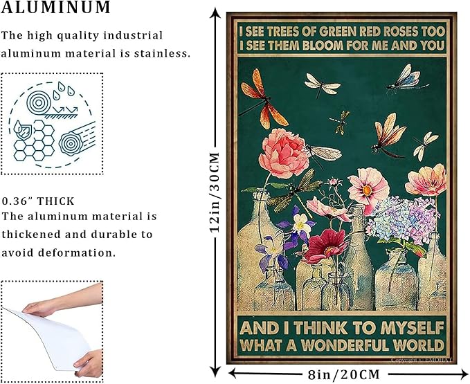 EMOHAT Garden Metal Signs I See Trees Of Green Red Roses Too Dragonfly What A Wonderful World Flower Vase Vintage Metal Sign Retro For Garden Courtyard Cafe Farm Room 8x12 Inches
