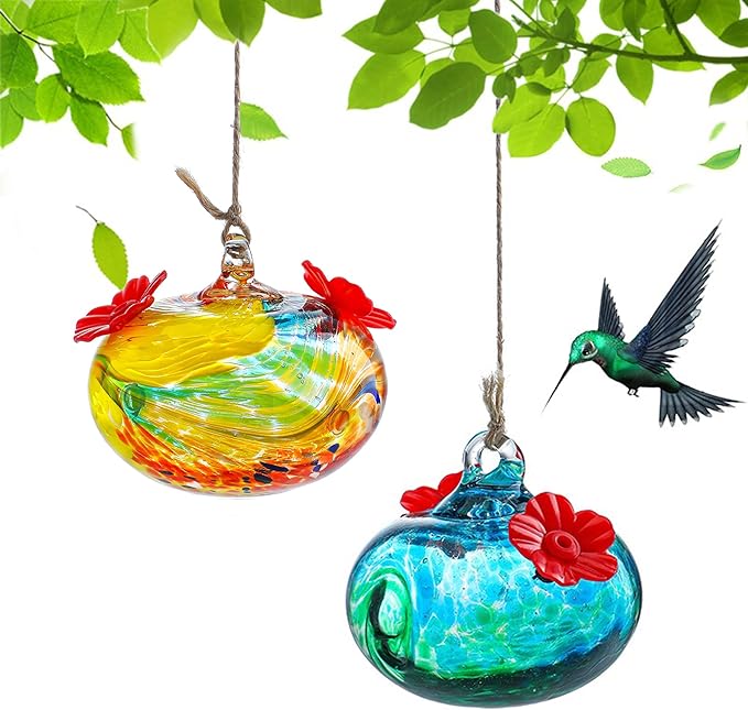Pack 2 Blown Glass Hummingbird Feeders for Outdoors 3inch Small Glass Humming Bird Feeder for Window Hanging Ant and Bee Proof Humming Birds Feeders Decor for Garden Outside