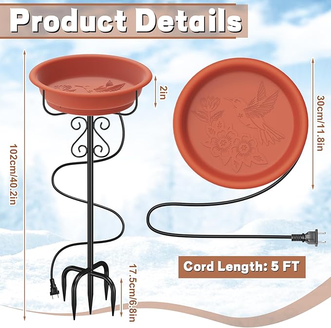 Heated Bird Baths for Outdoors,Large Capacity 100W Thermostat Control Heated Birdbath with 5-Prong Metal Base Water Heated Bird Bath Bowl for Outside Winter Garden Patio Yard Lawn(Brown)