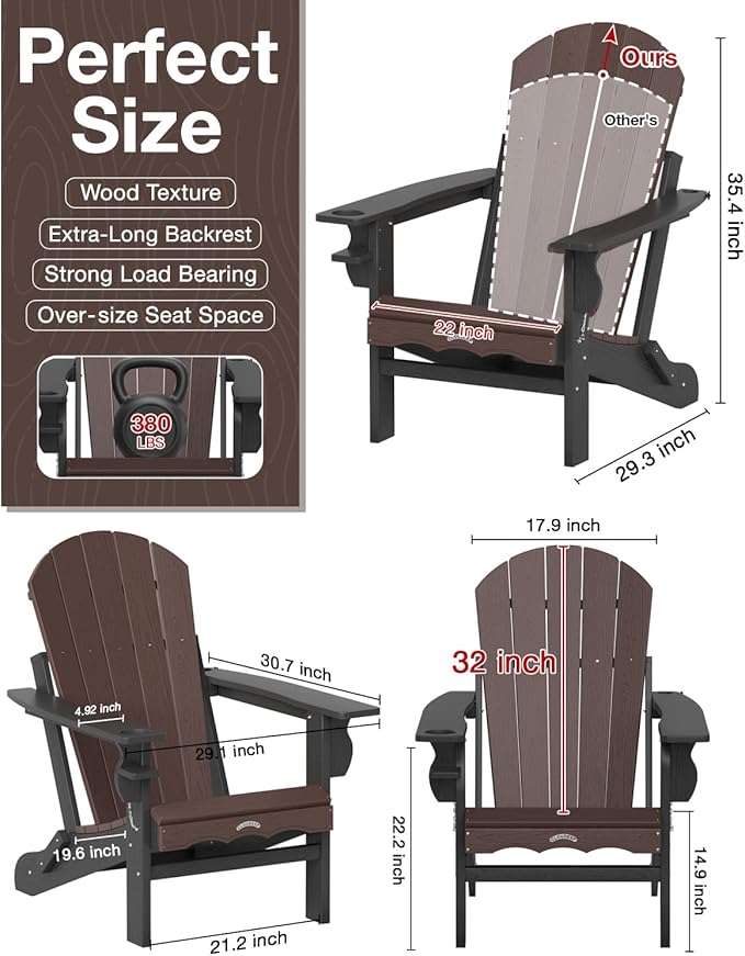 Folding Adirondack Chair –Recyclable HDPE Outdoor Adirondack Patio Chair with Cup Holder, Wood Texture & Umbrella Hole, 25-Year Fade-Free All Weather for Fire Pit, Porch, Poolside, Deck, Brown & Black