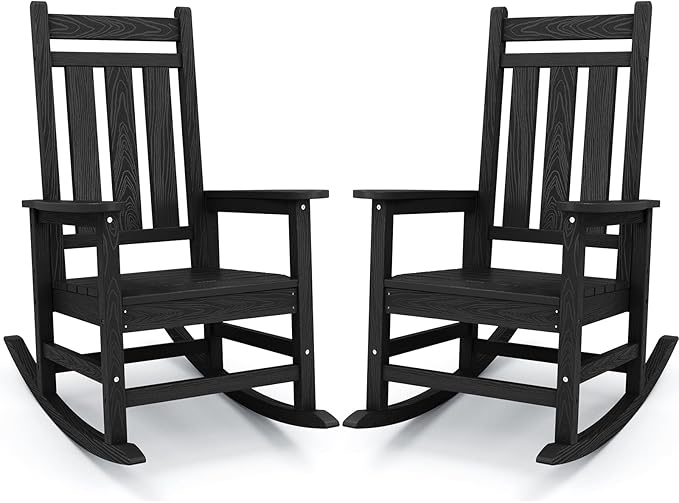 KINGYES Outdoor Rocking Chair Set of 2, All-Weather Patio Rocking Chairs for Porch, HDPE Rocking Outdoor Chairs with High Back for Adult, Heavy Duty Outdoor Patio Rockers for Garden, Lawn, Black