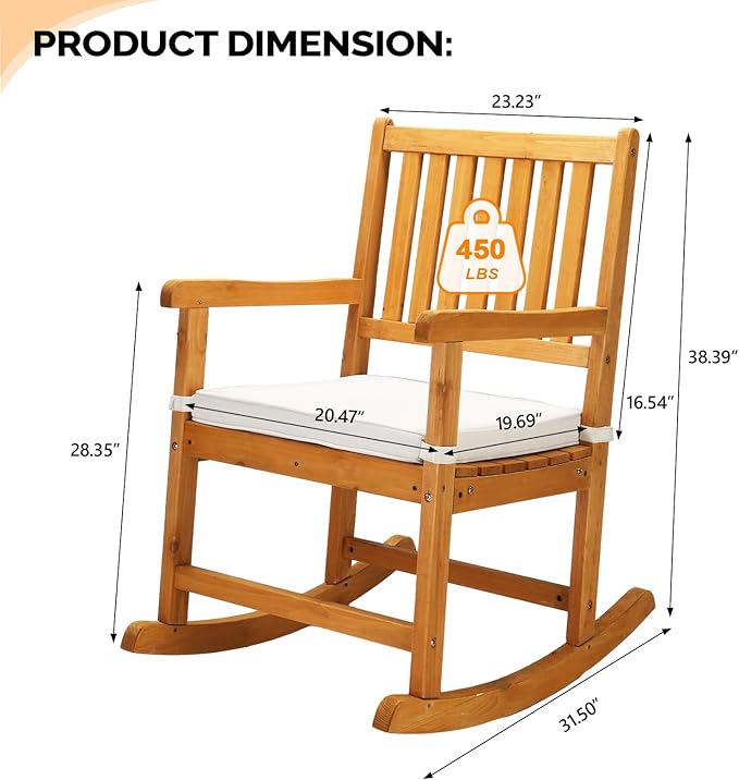 VINGLI Oversized Rocking Chair, Wooden Rocking Chair with High Back, Outside Porch Rocking Chair for Patio, Yard, Garden, 550 LBS, Teak (Teak, 1 PC)