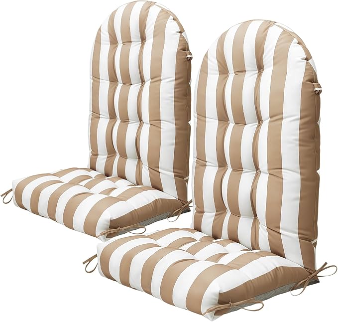 Adirondack Chair Cushion Set of 2, Thickened Patio Chair Cushions with Ties, Waterproof and UV-Protected Rocking Chair Cushion for Indoor and Outdoor, Stripe Khaki.