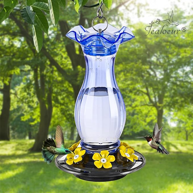 Hummingbird Feeder for Outdoors Hanging, 18 OZ Humming Birds Feeders with 6 Bee Guard Feeding Ports & Built-in Ant Moat, Easy to Clean, Durable Outdoor Garden Decor (Blue 1 Pack-C)