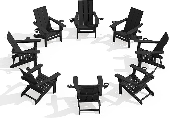 SERWALL Folding Adirondack Chairs with Cup Holders Set of 8, Folding Modern Adirondack Chair, HDPE Outdoor Adirondack Chair for All Weather Using, Black
