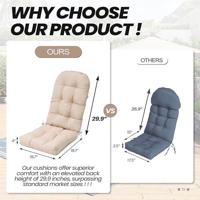 Crestlive 50x20x4 Inch Adirondack Chair Cushion, Outdoor Rocking Chair Cushions Water Resistant High Back Patio Chair Cushions Set of 2, Replacement Cushions，Beige