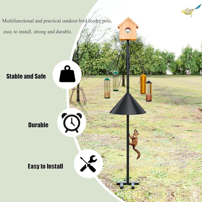 Bird Feeder Pole 93.31 Inch Feeding Station with Squirrel Proof Baffle Heavy Duty Metal Mounting Pole Stand with 4 Shepherd Hooks for Outdoor Decor Black (Bird House Not Included)