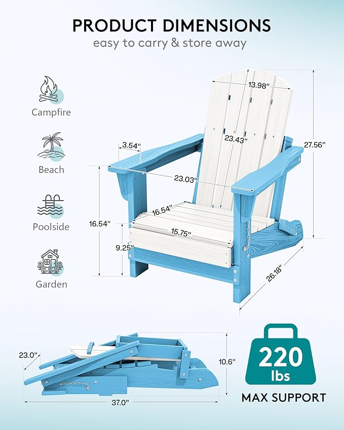 SERWALL Kids Adirondack Chair Sets for 2, HDPE Adirondack Chair for Children,All-Weather Resistant for Patio, Garden, Backyard - Light Blue and White