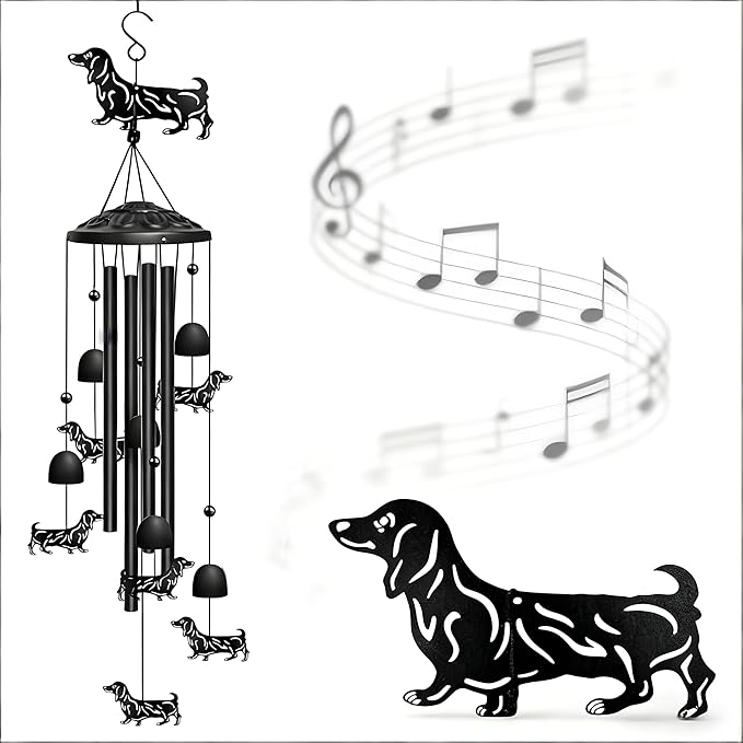 Dachshund Wind Chimes for Outside, Decorative Wind Chimes Dachshund Gifts for Women/Men, Memorial/Birthday Gifts, Garden Decor for Outside, Patio or Yard, Durable Chimes for Outdoors (Black)