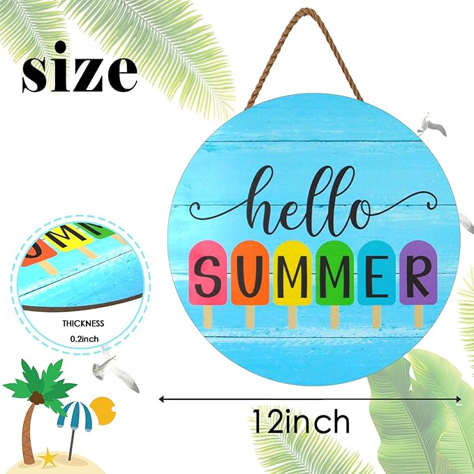Hello Summer Wooden Door Sign, 12 Inch, Blue, Rustic, Nature Theme, Hanging Ornament, Door Mount, 1 Count