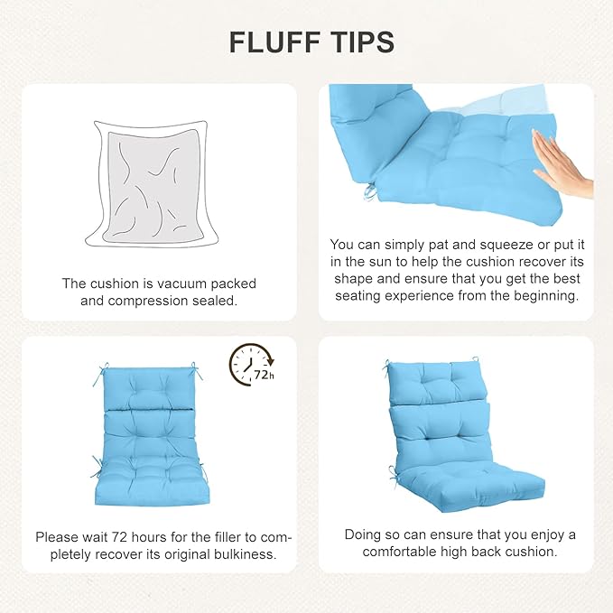 Outdoor High Back Chair Cushions 2-Pack, 44"x22"x 4" Fade-Resistant Waterproof Tufted Pads with Ties for Patio Rocking & Adirondack Chairs (Sky Blue)