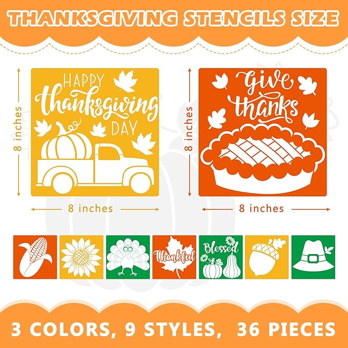 36pcs Thanksgiving Drawing Stencils for Kids 8 Inch Sidewalk Chalk Stencils Painting Large Washable Reusable Autumn Themed Primary Shape Template for Kids Toddlers Preschool