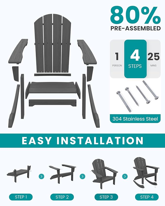 SERWALL Outdoor Adirondack Rocking Chairs Set of 2, All-Weather HDPE Adirondack Rocker Chair, Front Porch Rocker Chairs for Patio Lawn Porch Deck, Grey