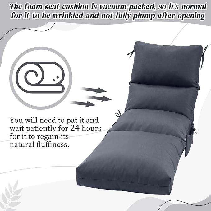 Kigley 2 Pcs Chaise Lounge Cushions, 77.9 x 20.5 x 4.7 Inch Outdoor Lounge Chair Cushions with Pocket, Thick Tufted Patio Recliner Replacement with Ties, Fade Resistant for Pool Furniture (Dark Gray)