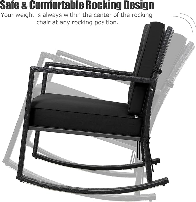 Tangkula Wicker Rocking Chair, Outdoor Glider Rattan Rocker Chair with Heavy-Duty Steel Frame, Patio Wicker Furniture Seat with 5” Thick Cushion for Garden, Porch, Backyard, Poolside (2, Black)