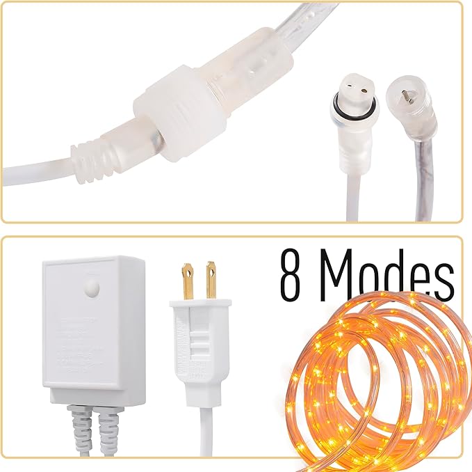 Waterproof LED Rope Lights, Connectable & Flexible with 8 Modes, Outdoor Lighting for Deck, Garden, Pool, Patio & Christmas Decor (Orange, 20ft)