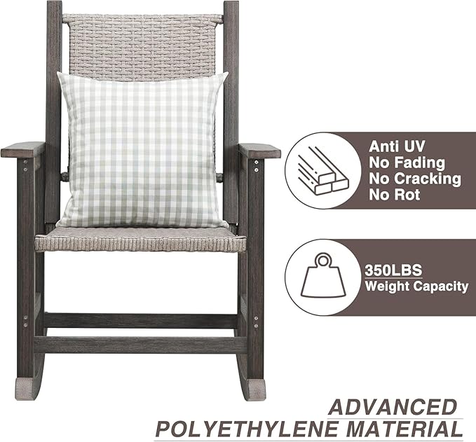 Rocking Chair Outdoor, Wicker Rocking Chair for Outside, Woven Seat & Back, All Weather Ratten Outdoor for Porch, Garden, Lawn, and Balcony (Dark)