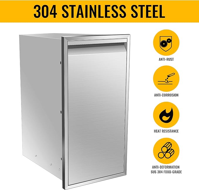 Built-in Single Trash Drawer 14" W x 27" H x 20" D, Pull-Out Tray Outdoor Kitchen Stainless Steel Trash Drawer Storage One Trash Bin for BBQ Island Grill Station