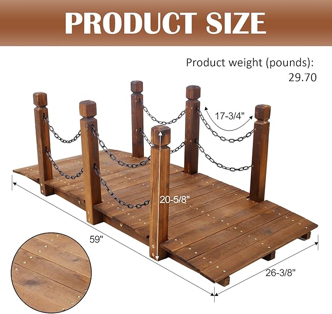 5 FT & 3.3 FT Wooden Garden Bridge, Stained Wood Arc Footbridge with Chain or Half-Wheel Railings for Backyard Pond, Creek, Farmhouse Landscape Decor, Easy Assembly (Brown-5 FT)