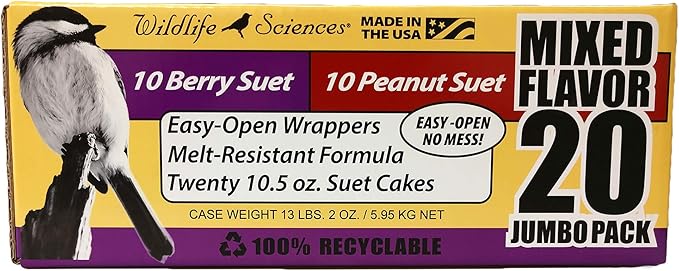 Wildlife Sciences Suet Cake Jumbo Mixed (Pack of 20) | 10 Peanut & 10 Berry 10.5 oz. Suet Cakes for Wild Birds