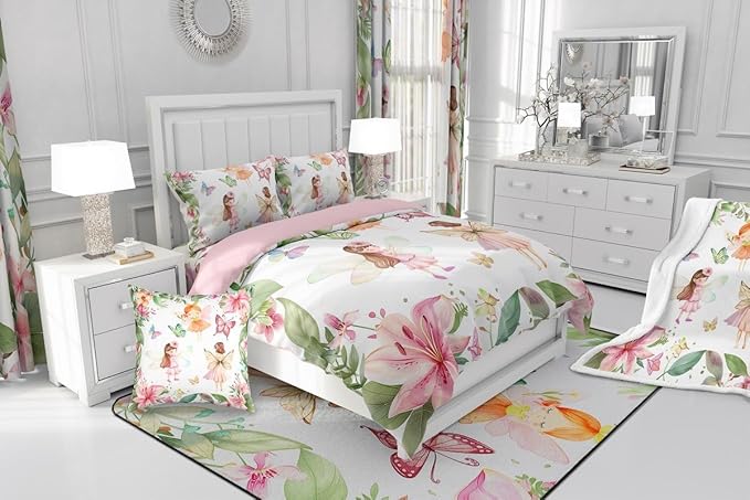 Erosebridal Fairy Garden Twin Bedding Set,Pink Floral Butterfly Comforter Set for Girls Kids,Dreamy Flower Girly Comforter,Coquette Flowers Bedroom Room Decor,1 Pillowcase Breathable