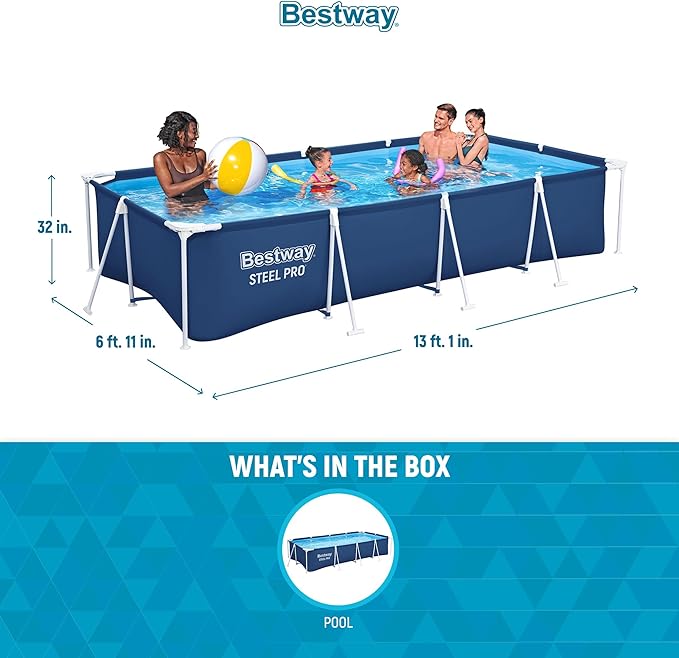 Bestway Steel Pro 13 Foot x 32 Inch Rectangular Above Ground Outdoor Pool Steel Framed Vinyl Swimming Pool with 1,506 Gallon Water Capacity, Blue