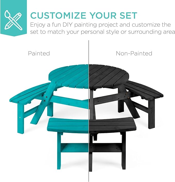 Best Choice Products 6-Person Circular Outdoor Wooden Picnic Table for Patio, Backyard, Garden, DIY w/ 3 Built-in Benches, 500lb Capacity - Black